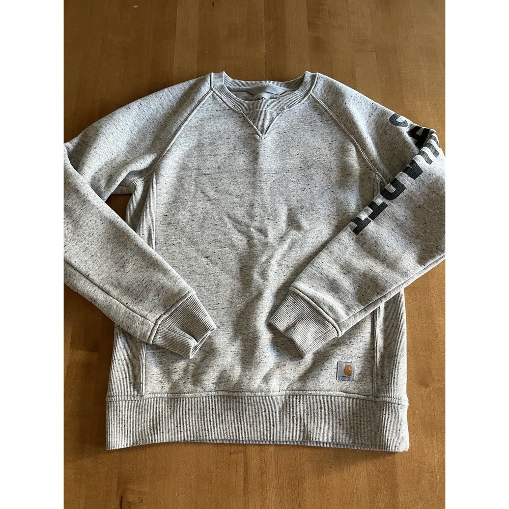 Carhartt Sweatshirt Women's Sz S‎ Gray Pullover Relaxed Fit Logo Sleeve Crewneck